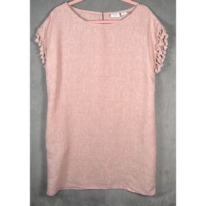 Antibes Blanc 100% Linen Dress Women's Sz L Pink Tassel Sleeve Shift Boho Summer